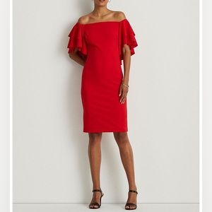 Lauren Ralph Lauren Red Off Shoulder Crepe Dress With Ruffle Overlay